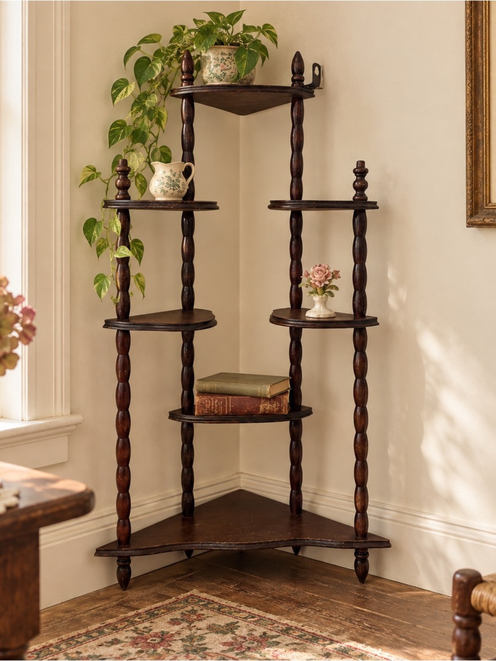 Vintage Wooden Corner Wall Shelf Tiered Spindle Curio Display Cottagecore